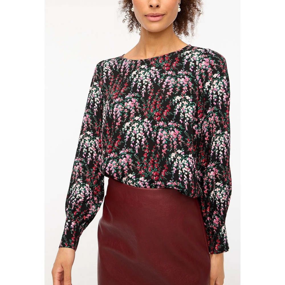 J.Crew Factory Women's Floral Long Sleeve Blouse Top Black Pink Red Keyhole Back